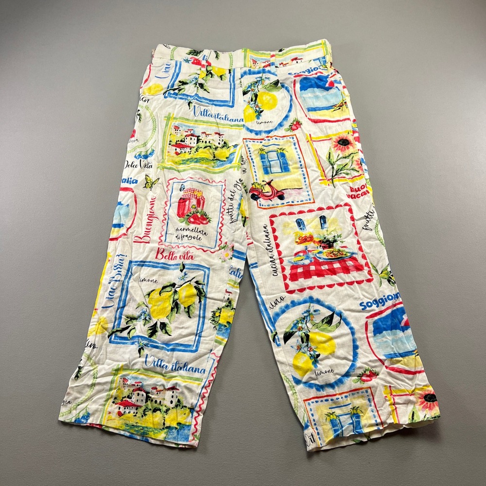 Womens Cropped Pants 14 Multicolor Amalfi Coast Patchwork Graphic Linen Blend